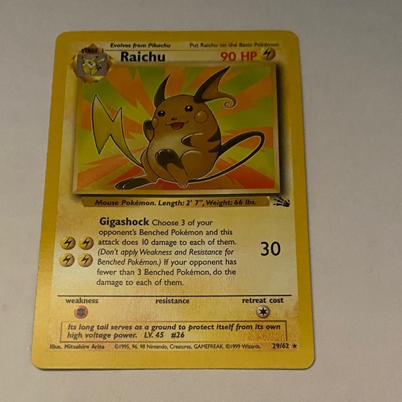 1995 raichu pokemon card value 29/62 1999 Fossil #29 1st Edition PSA 9 Lightning Lightning Value of old Raichu Pokmon